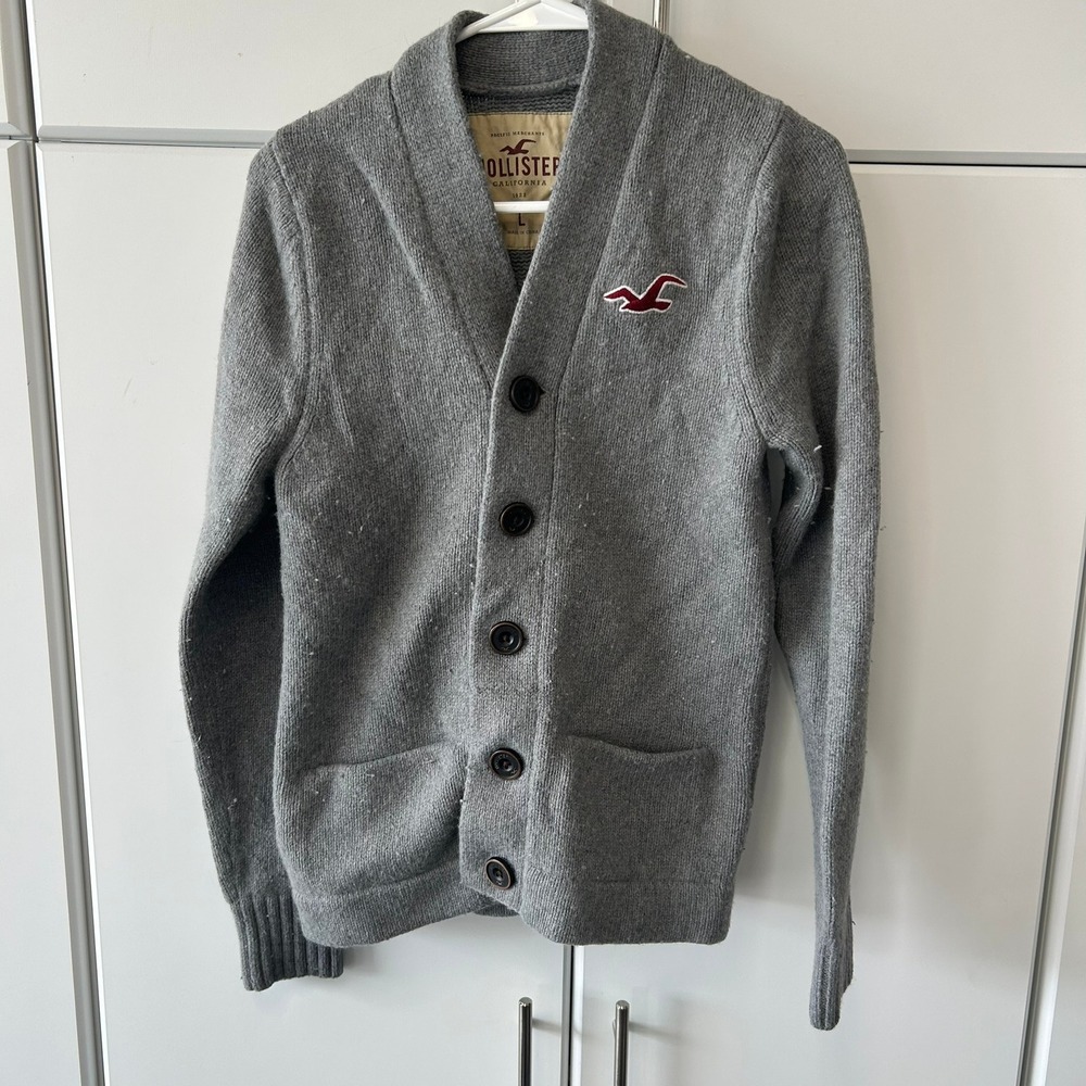 Hollister Mens Grey Shawl Collar Button Front Knit Cardigan Sweater Large Logo
